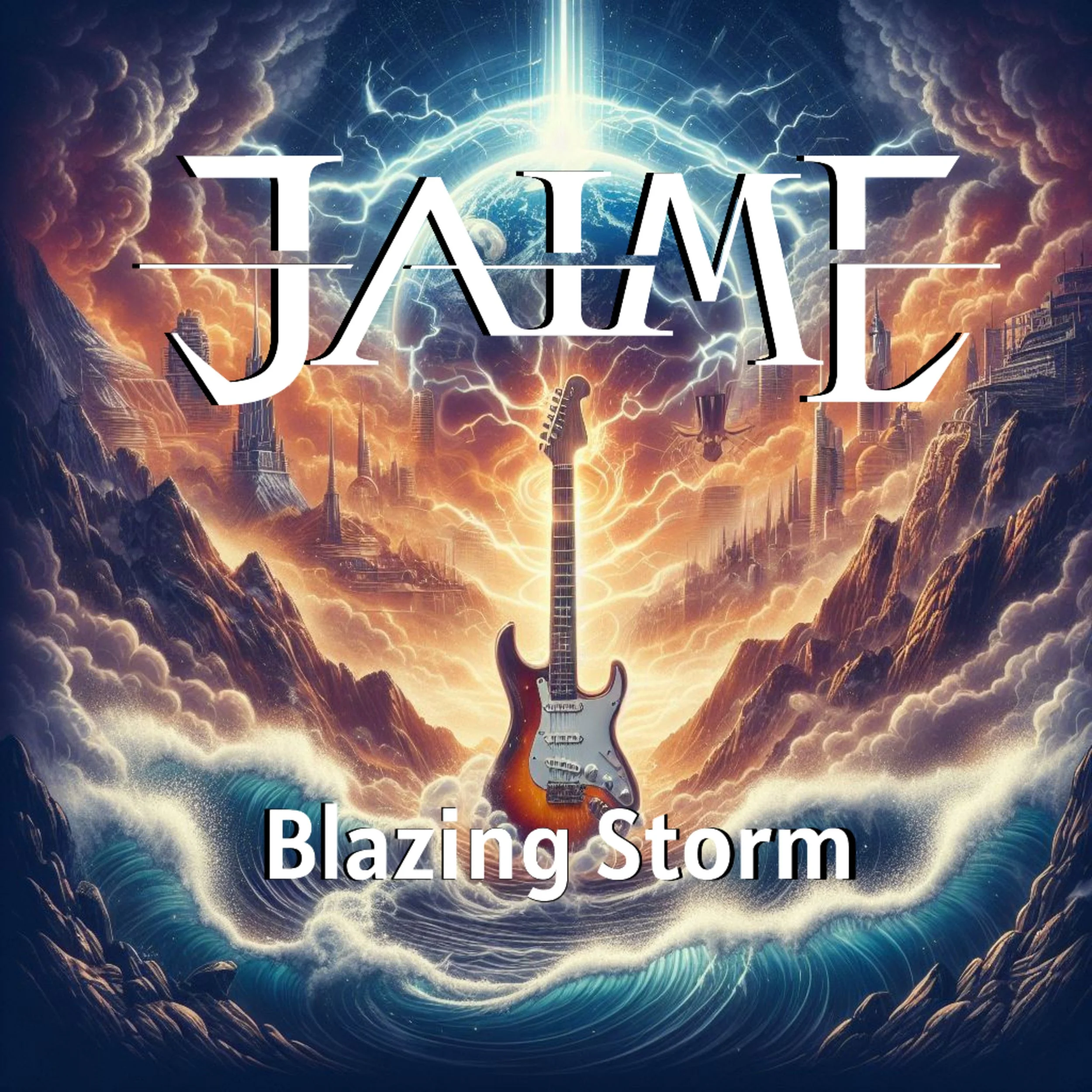 -JAIME- "Blazing Storm" single released in 2024. The image features a dystopian cityscape with lightning, storms, and cloudy skies, with a guitar embedded in the scene.