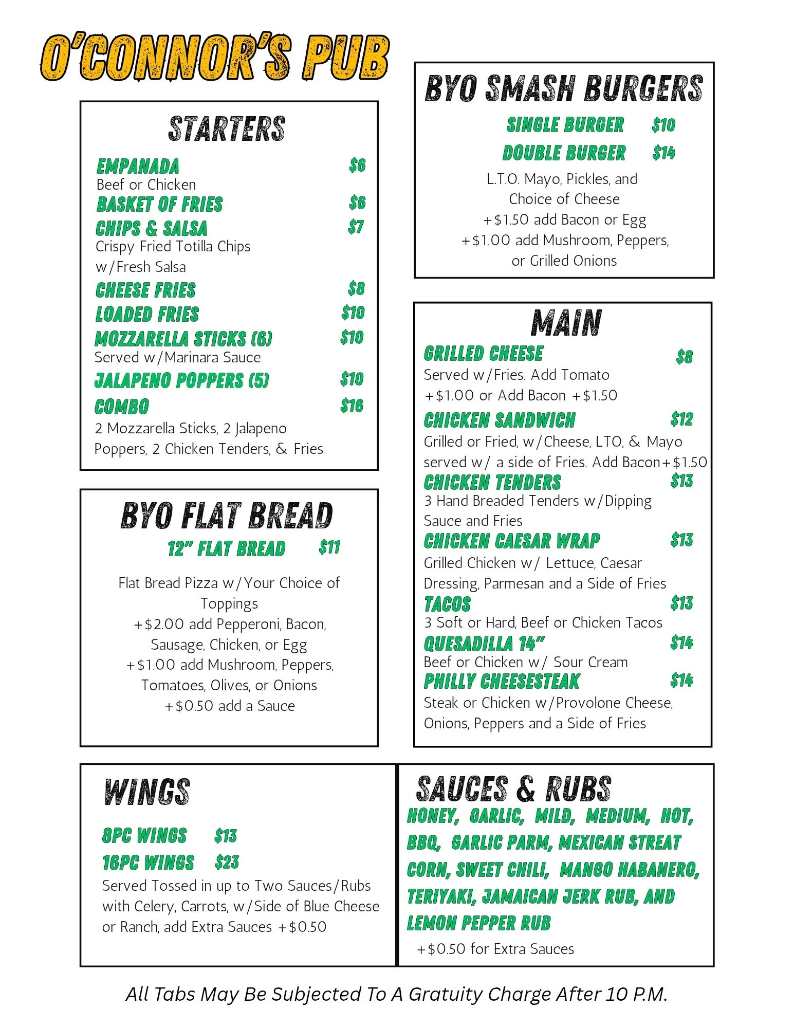 Menu from O'Connor's Pub featuring starters, BYO smash burgers, main dishes, wings, and sauces with prices.