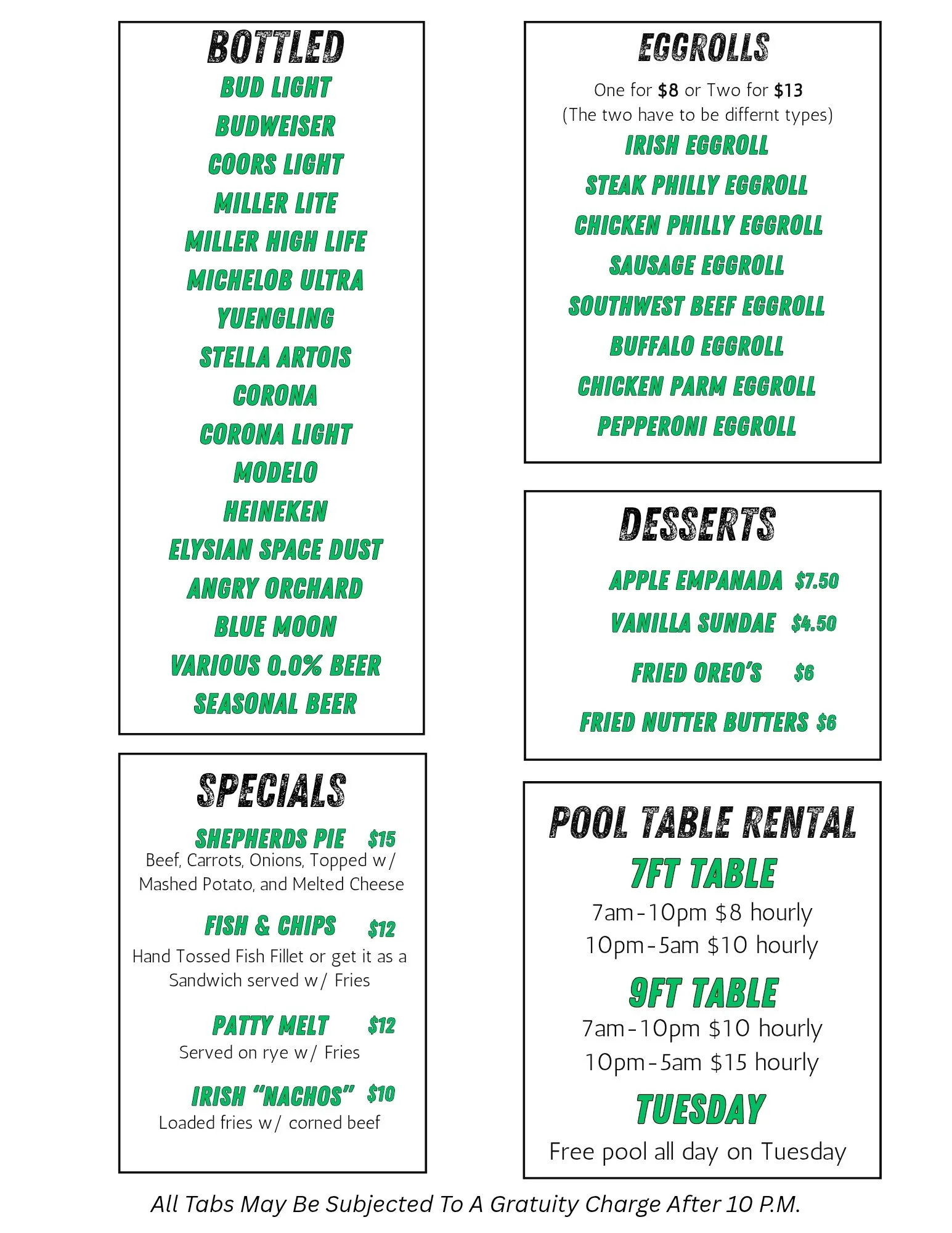 Menu listing beverages, eggs, desserts, pool table rental, and specials at a restaurant or bar. Beverages include bottled beers such as Bud Light, Budweiser, Coors Light, Miller Lite, Miller High Life, Michelob Ultra, Yuengling, Stella Artois, Corona