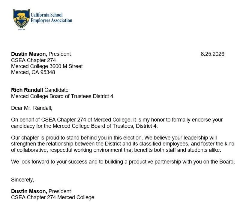 Letter from California School Employees Association endorsing Rich Randall for Merced College Board of Trustees.