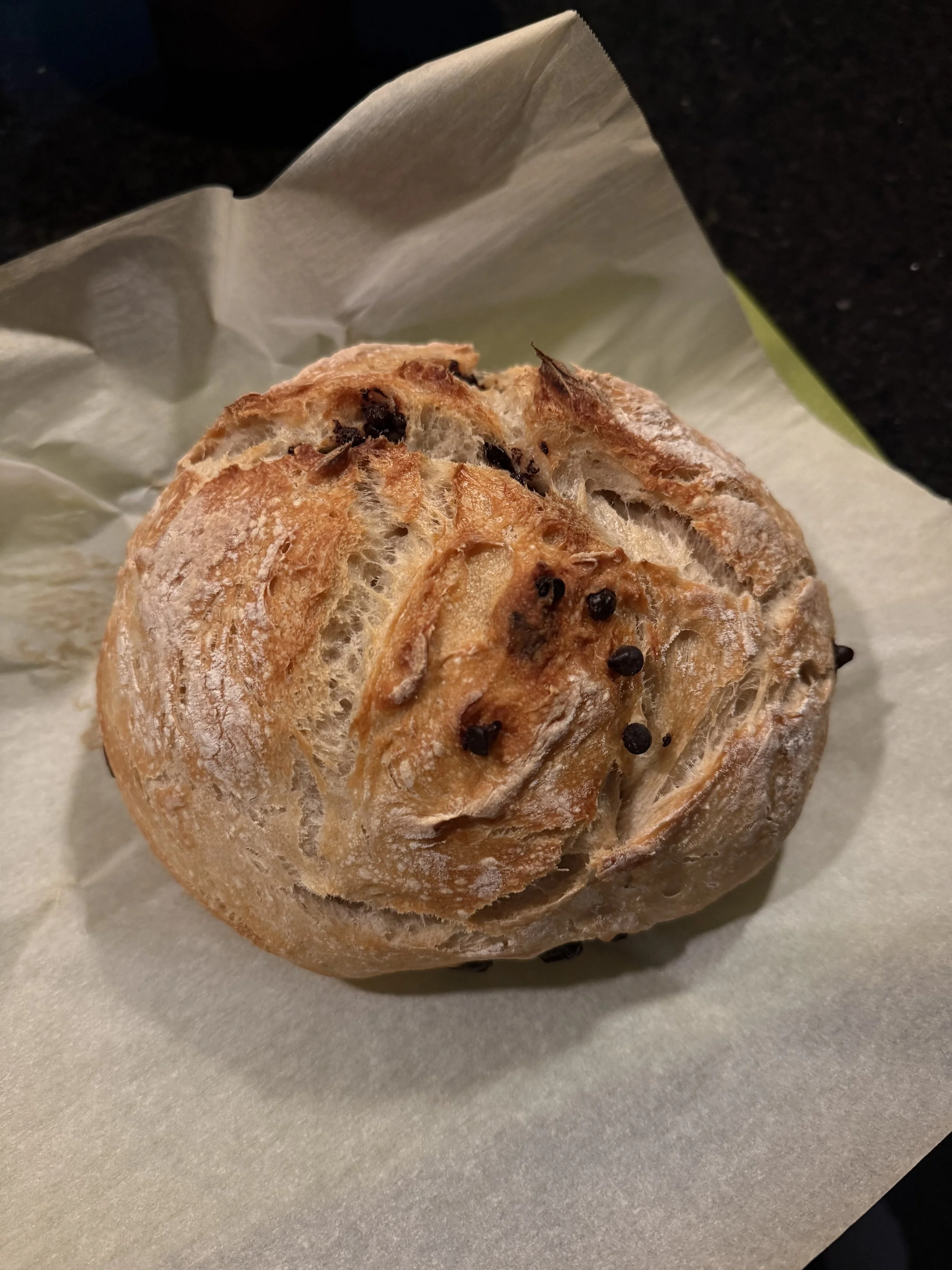 Freshly baked chocolate chip sourdough bread with a crisp golden crust, artisan scoring, and chocolate chips baked throughout the loaf.