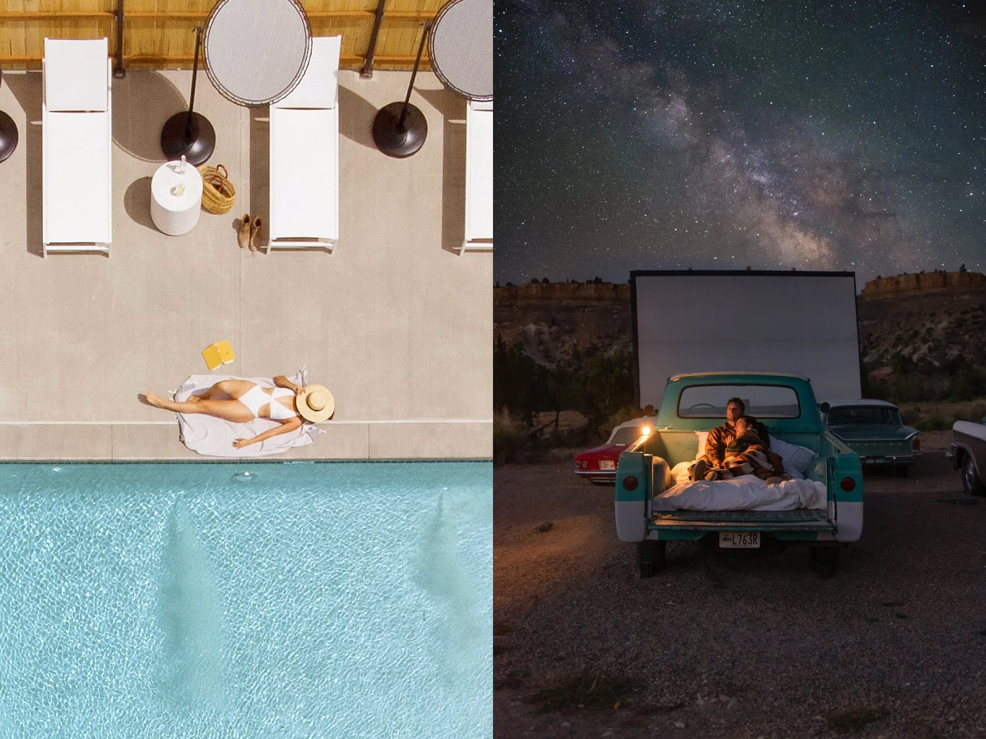 left side shows woman lying poolside - right side shows couple stargazing in back of vintage truck