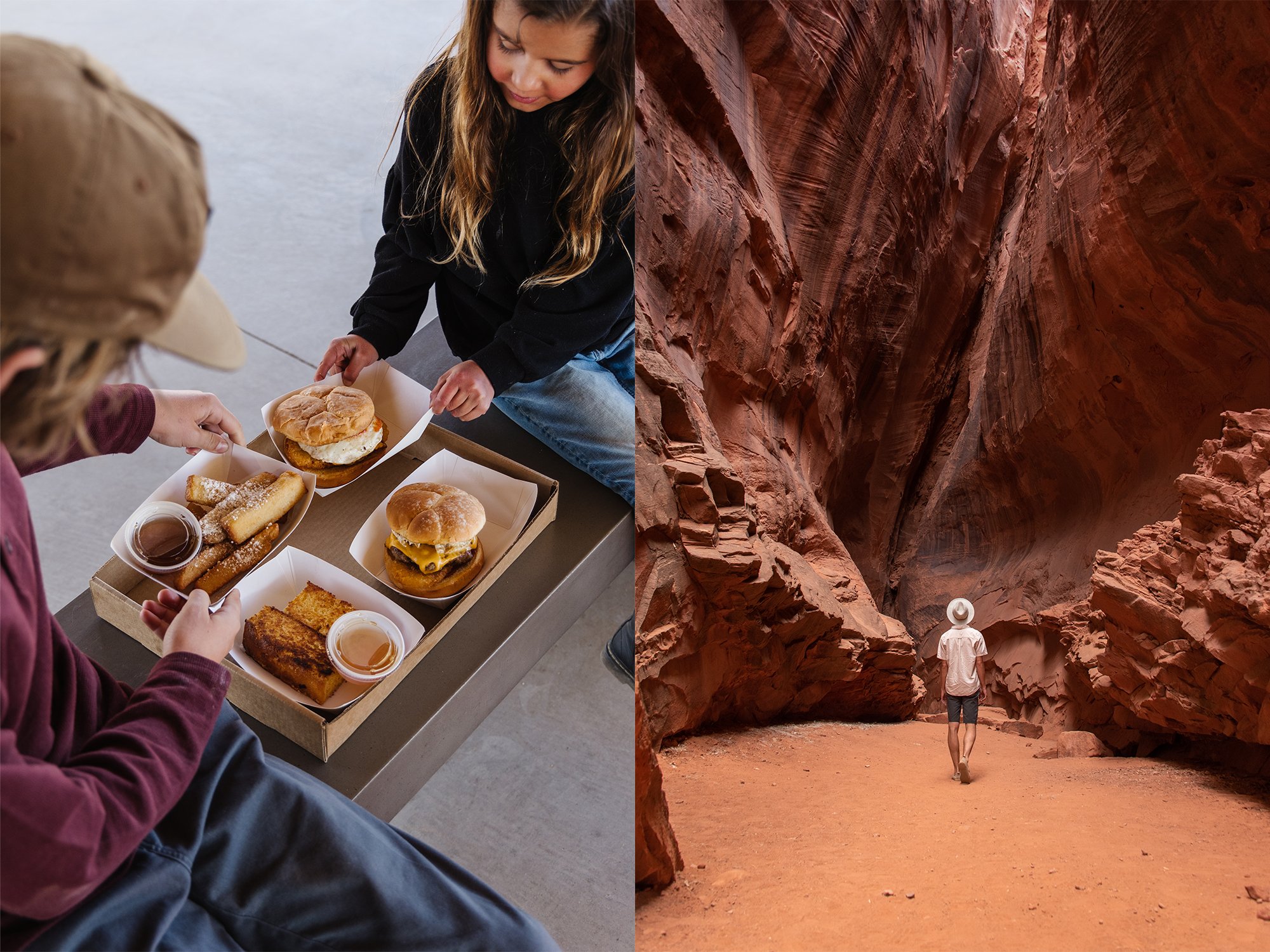 left side shows two children eating food served from Ofland Food Truck and right side shows back of man walking in a slot canyon