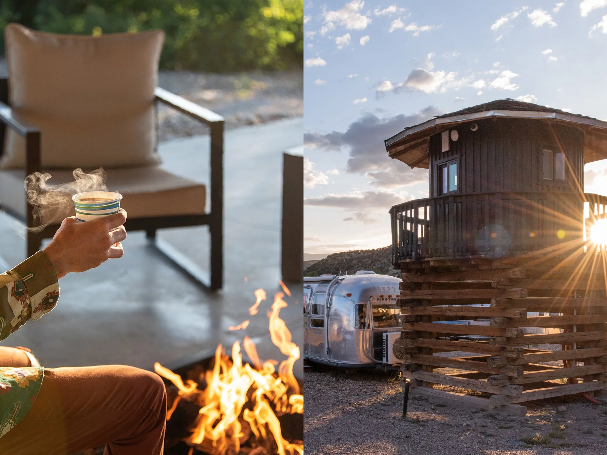 left side shows man holding steaming cup of coffe by Lodge fire pit and right side shows projection tower at Drive-in Thetare with concessions trailer at sunset