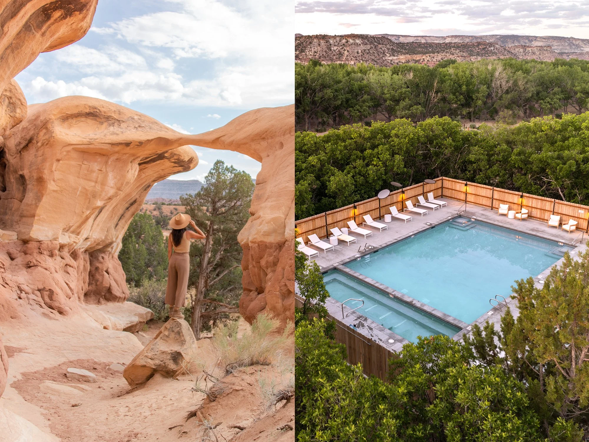 woman taking in view at Devils Garden rock formations and right side shows drone shot of large pool deck and hot tub