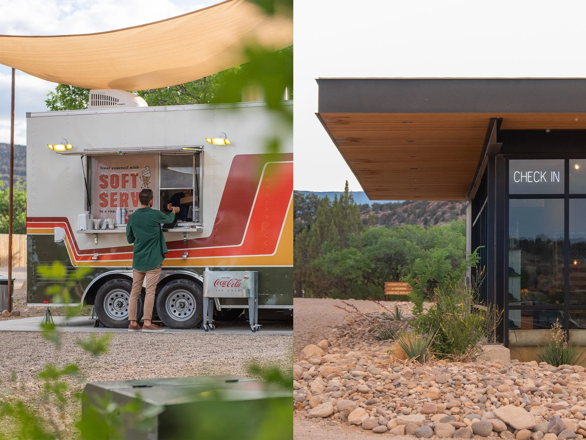 left side shows man ordering meal from Food Truck and right side shows Check-in and General Store at The Lodge
