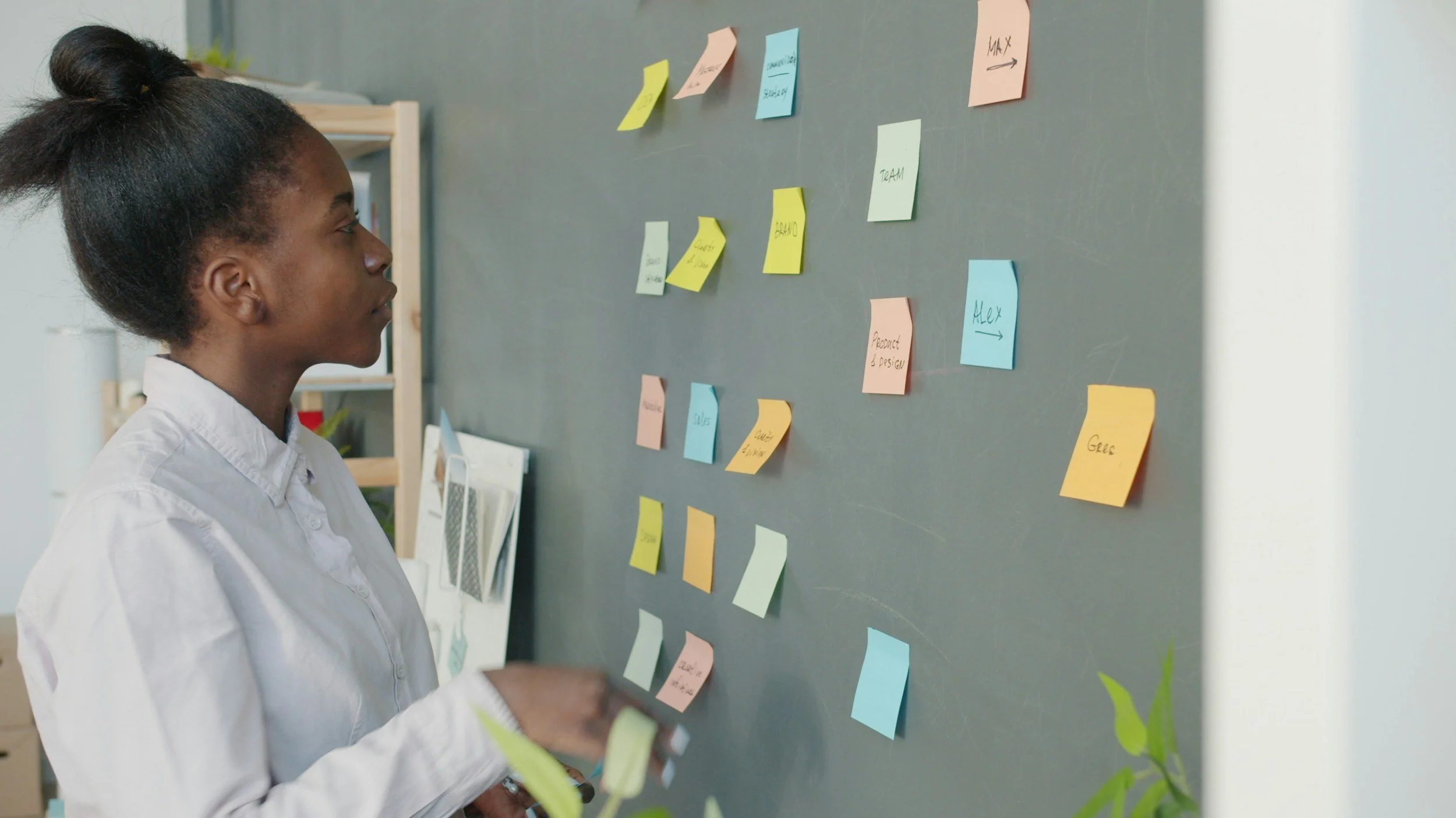 A woman wearing a white shirt standing in front of a gray wall with colorful sticky notes, seemingly organizing or brainstorming.