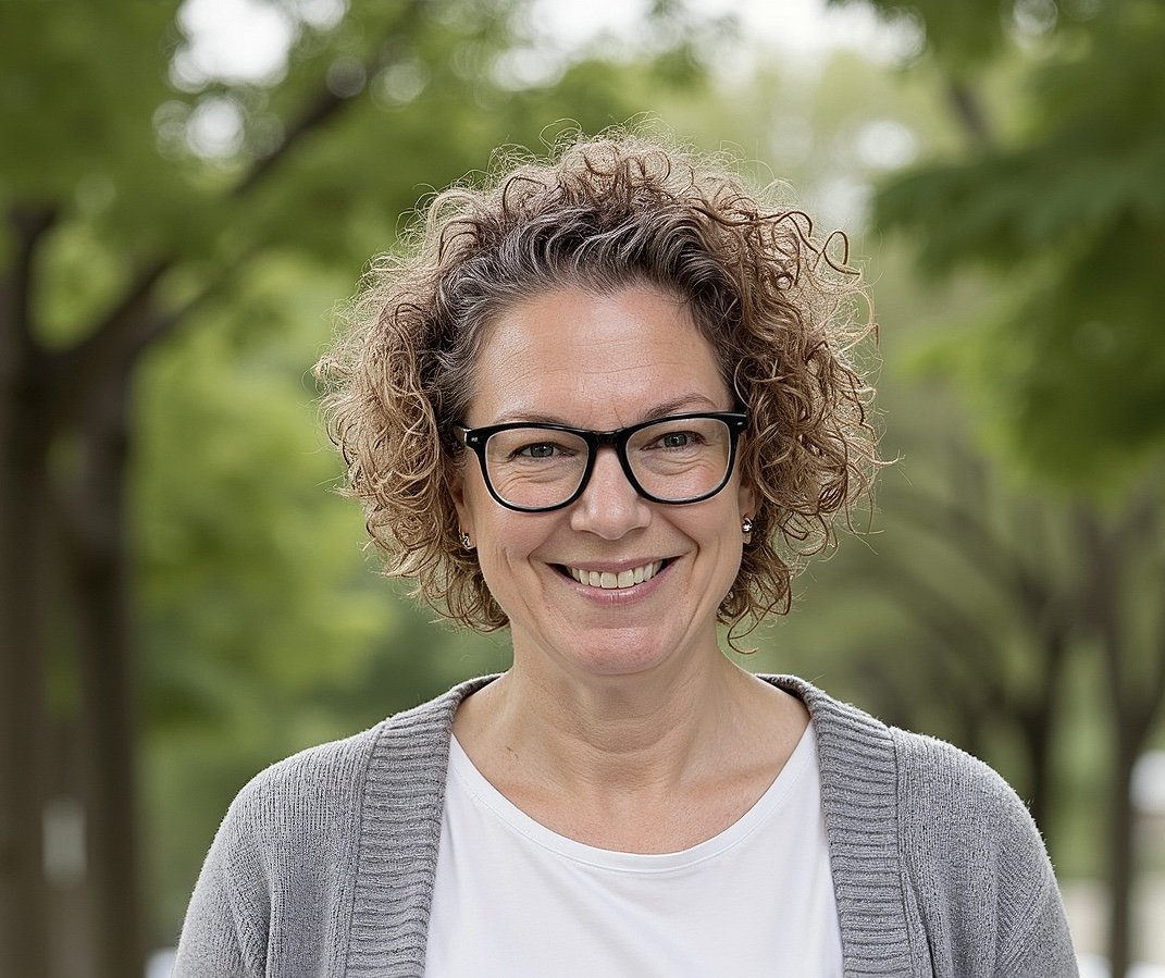 A woman with curly hair wearing glasses, a white shirt, and a gray cardigan, smiling outdoors with green trees in the background.