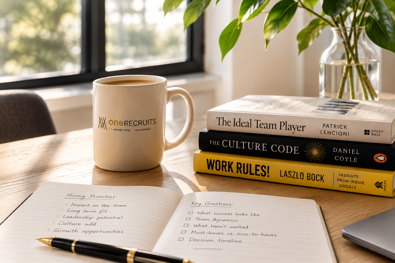 A desk with a white coffee mug labeled 'oneRECRUITS,' a stack of four business and leadership books, an open notebook with handwritten notes and a pen, and a plant in a glass vase near a window.