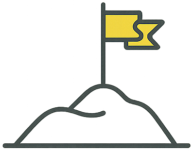 A rocky hill with two flags, one yellow and one black, planted on top.