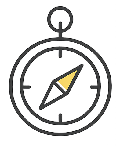 Illustration of a compass with a black outer circle and a yellow and black needle pointing northeast.