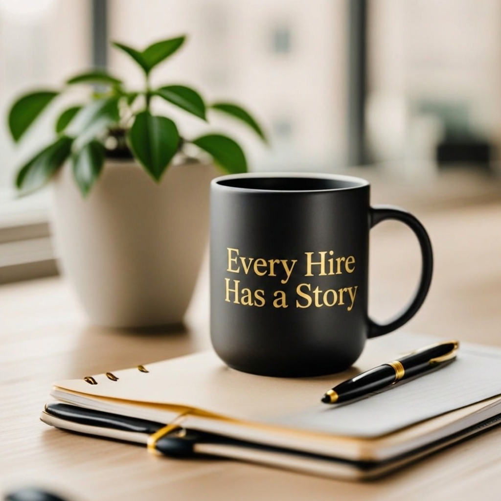 A black coffee mug with the words 'Every Hire Has a Story' written in gold, placed on top of a spiral-bound notebook with a black and gold pen, beside a potted plant on a wooden desk.