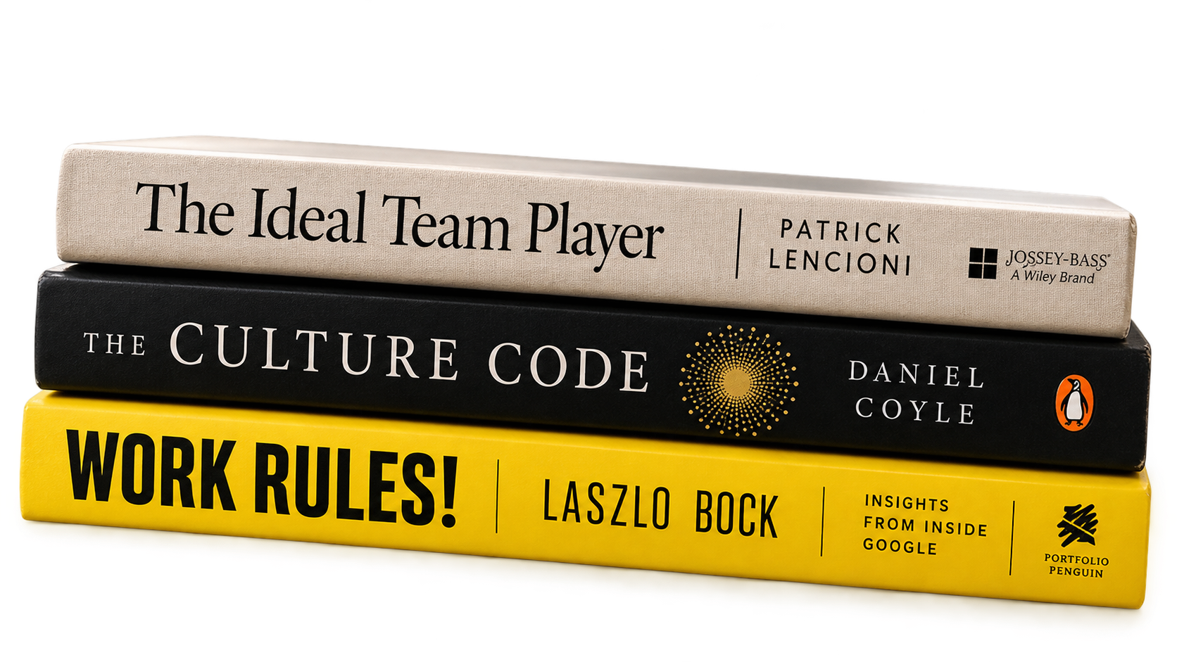 Stack of three books with titles, from top to bottom: 'The Ideal Team Player' by Patrick Lencioni, 'The Culture Code' by Daniel Coyle, and 'Work Rules!' by Laszlo Bock.