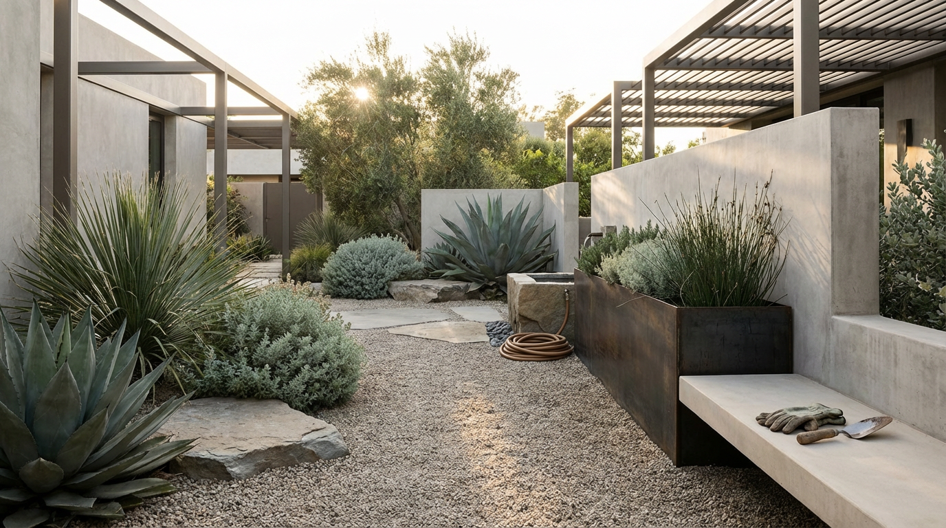 Modern backyard with desert plants, stone pathway, concrete benches, and minimal landscaping at sunset.