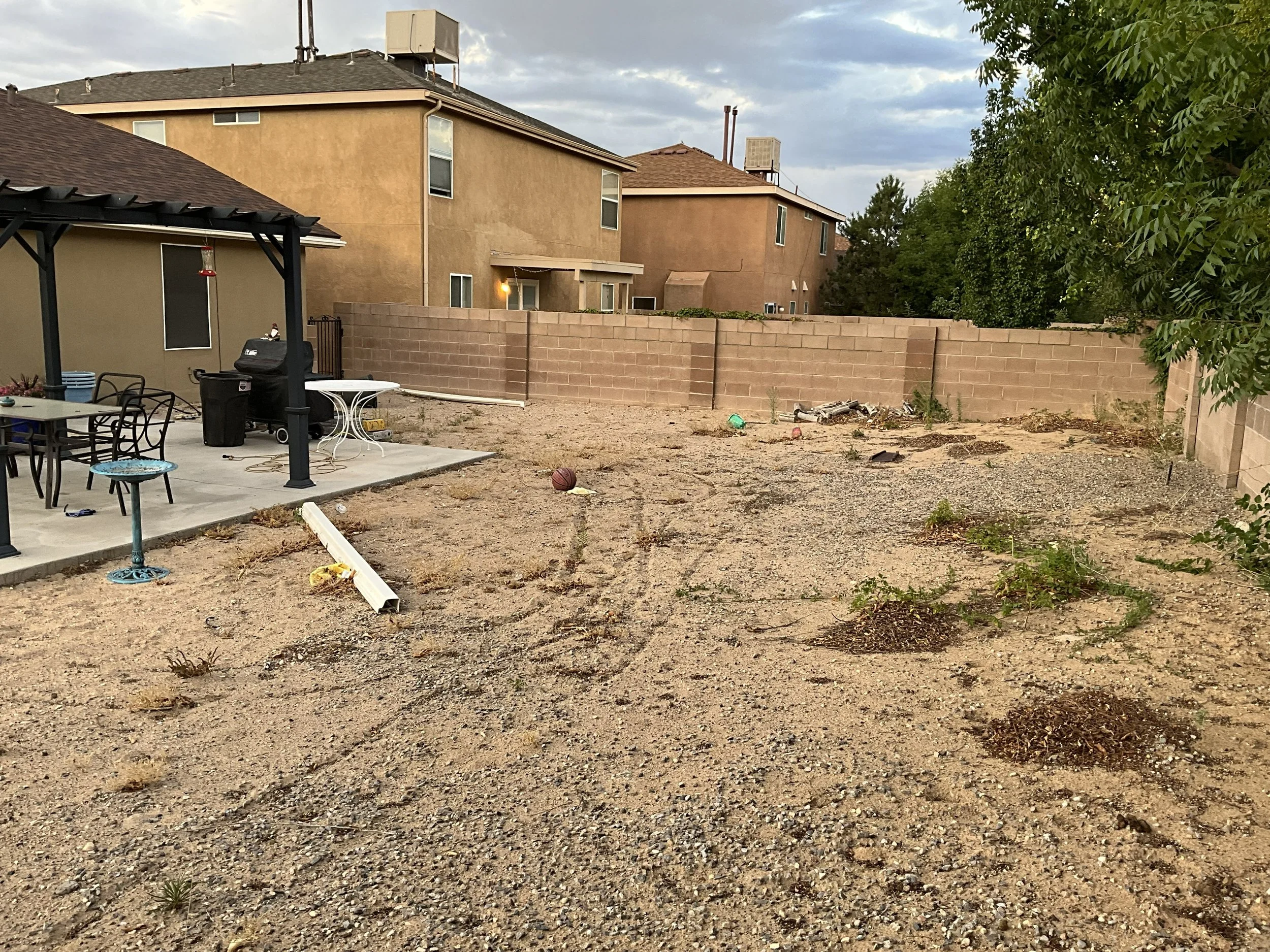 A backyard with a concrete patio area containing a table, chairs, a grill, and some lawn ornaments, surrounded by a dirt yard with some sparse weeds and a tall brick wall. In the background, there are multi-story residential buildings with water tank