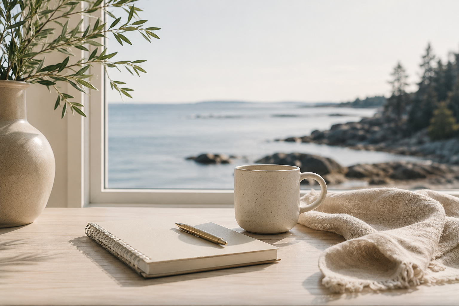 A cozy indoor scene with a notebook, gold pen, ceramic mug, and soft cloth on a wooden table near a window with a view of a rocky shoreline and trees by the water.