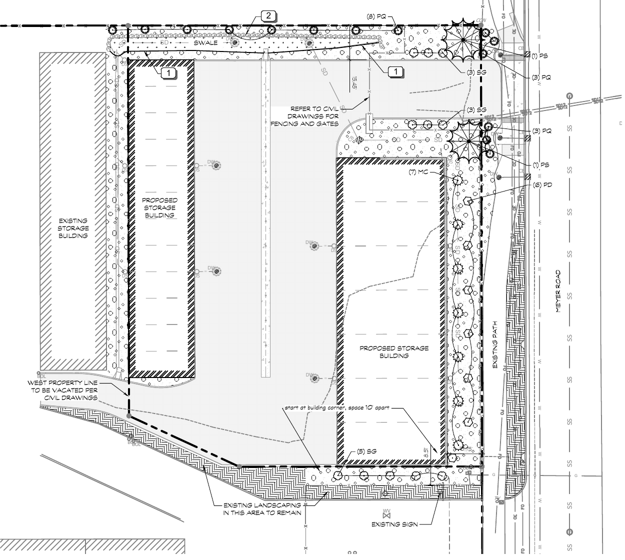 Proposed landscape plan for the permitted, unbuilt Epic Storage expansion in Rathdrum, Idaho, by Design365.