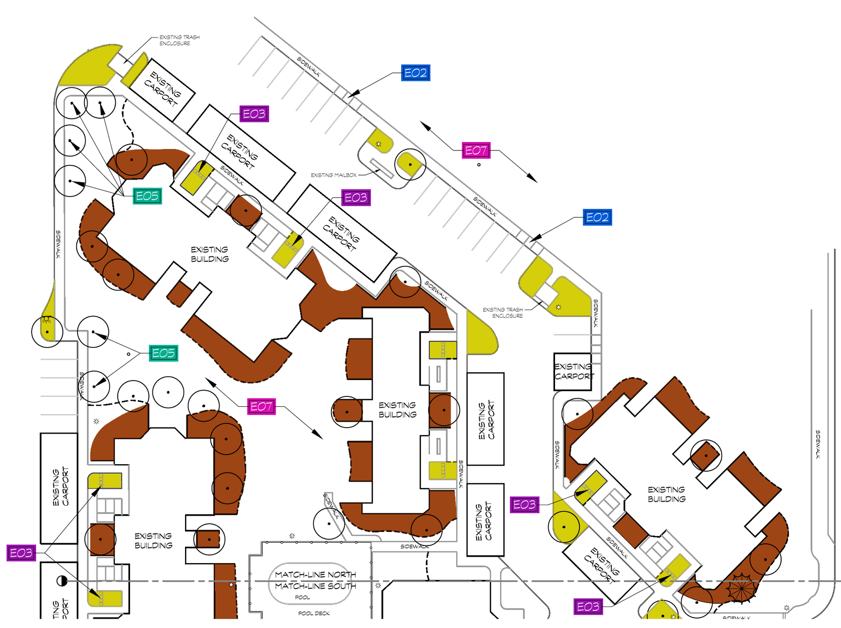 North-site analysis at Trail Lodge Apartments: purple E03 tags mark walking connections and yellow areas identify small lawn pockets, with coordinated drainage, tree and retention notes.
