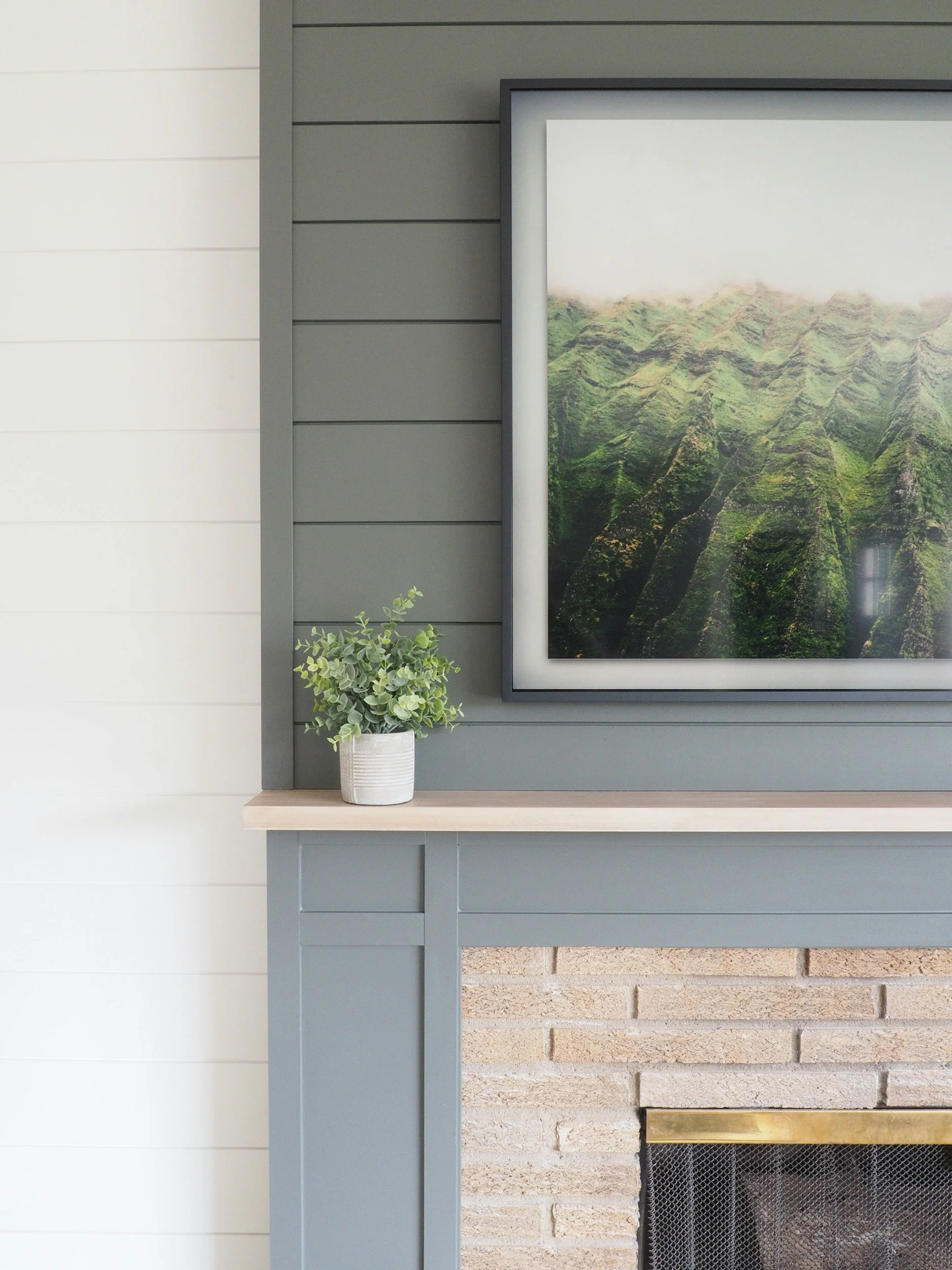 Photo of a modern living room with a large framed mountain landscape picture on a gray wall, decorated with a white and gray fireplace, a small green plant in a white pot, and white shiplap wall paneling.