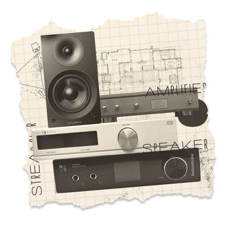 Audio equipment including a speaker, an audio amplifier, and a network receiver or similar device on a torn piece of graph paper.