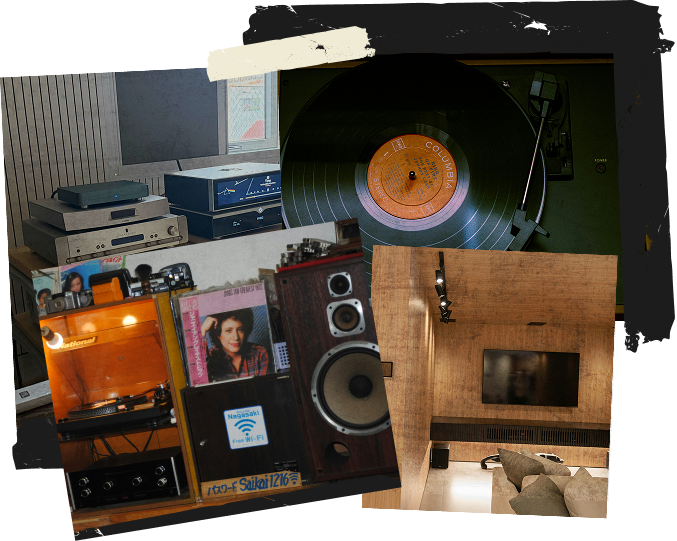 A room with a vintage vinyl record player, a large speaker, a stereo system, a turntable, and a wooden room with a TV and a sofa.
