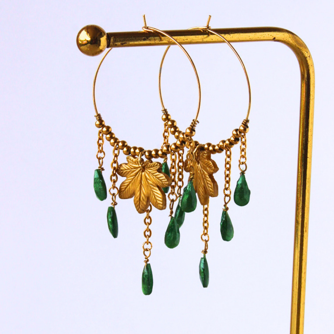 Créoles Pendentifs Feuille Tropicale & Gouttes Vertes
