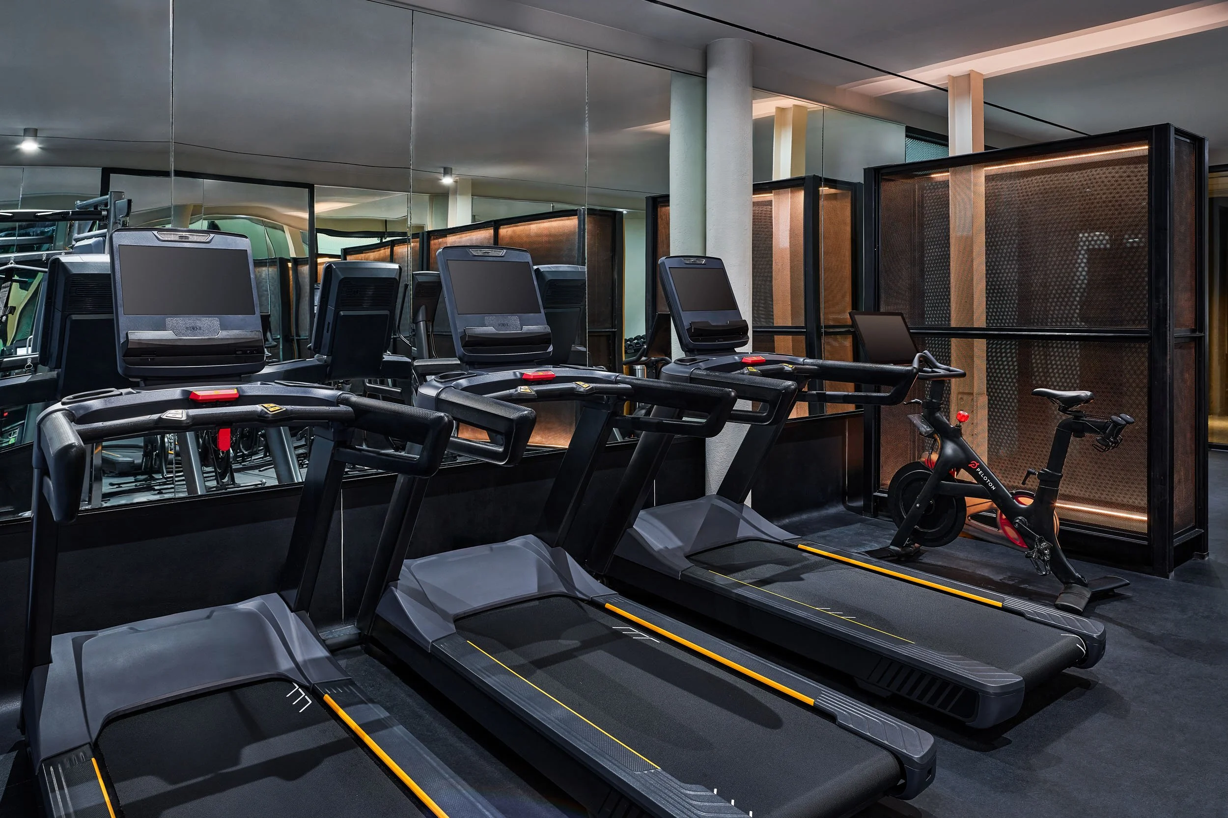 Gym with treadmills, stationary bikes, and mirrors on the walls.