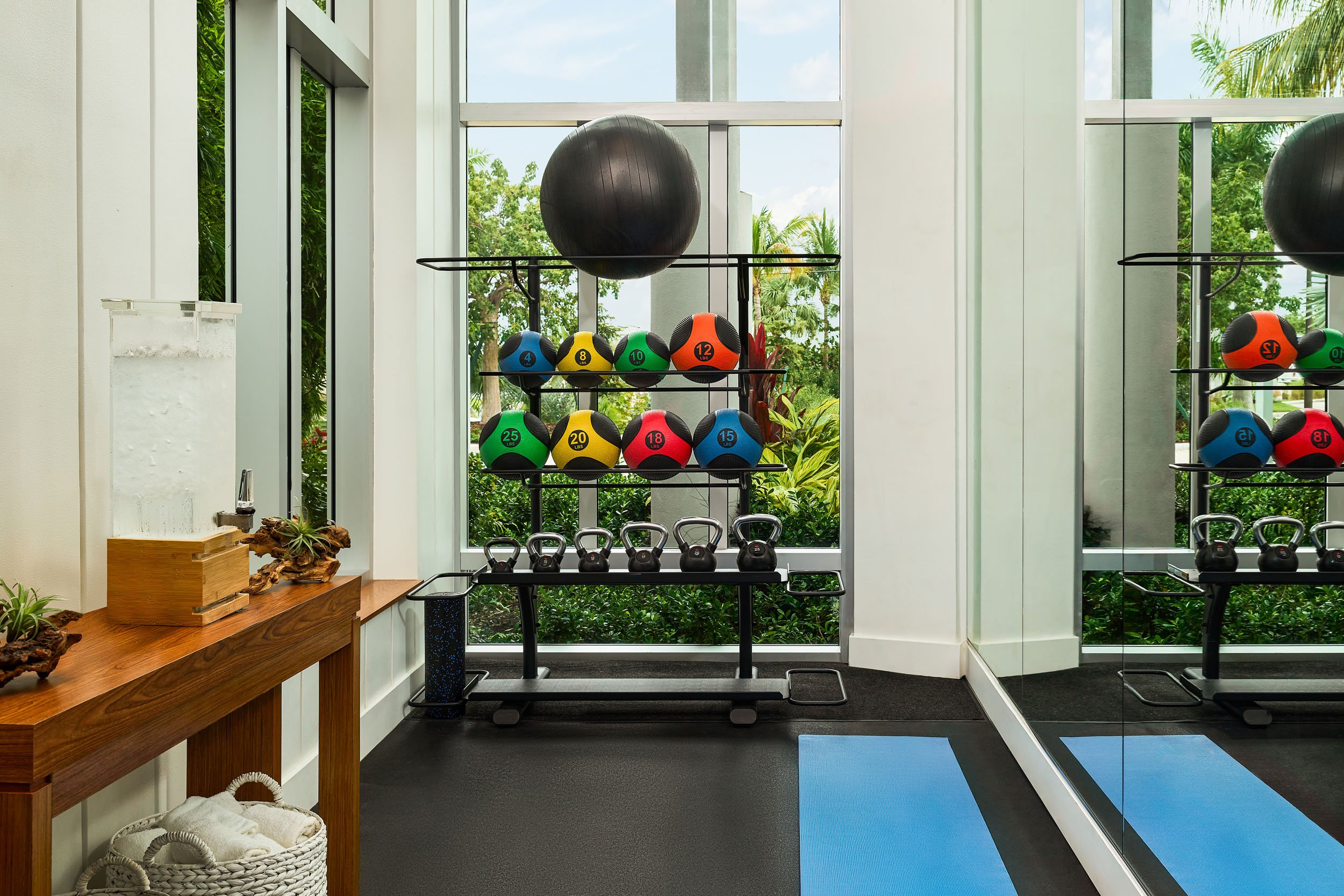Indoor gym with large window view of greenery, featuring a black exercise ball, colorful weighted balls, kettlebells, and workout mats.