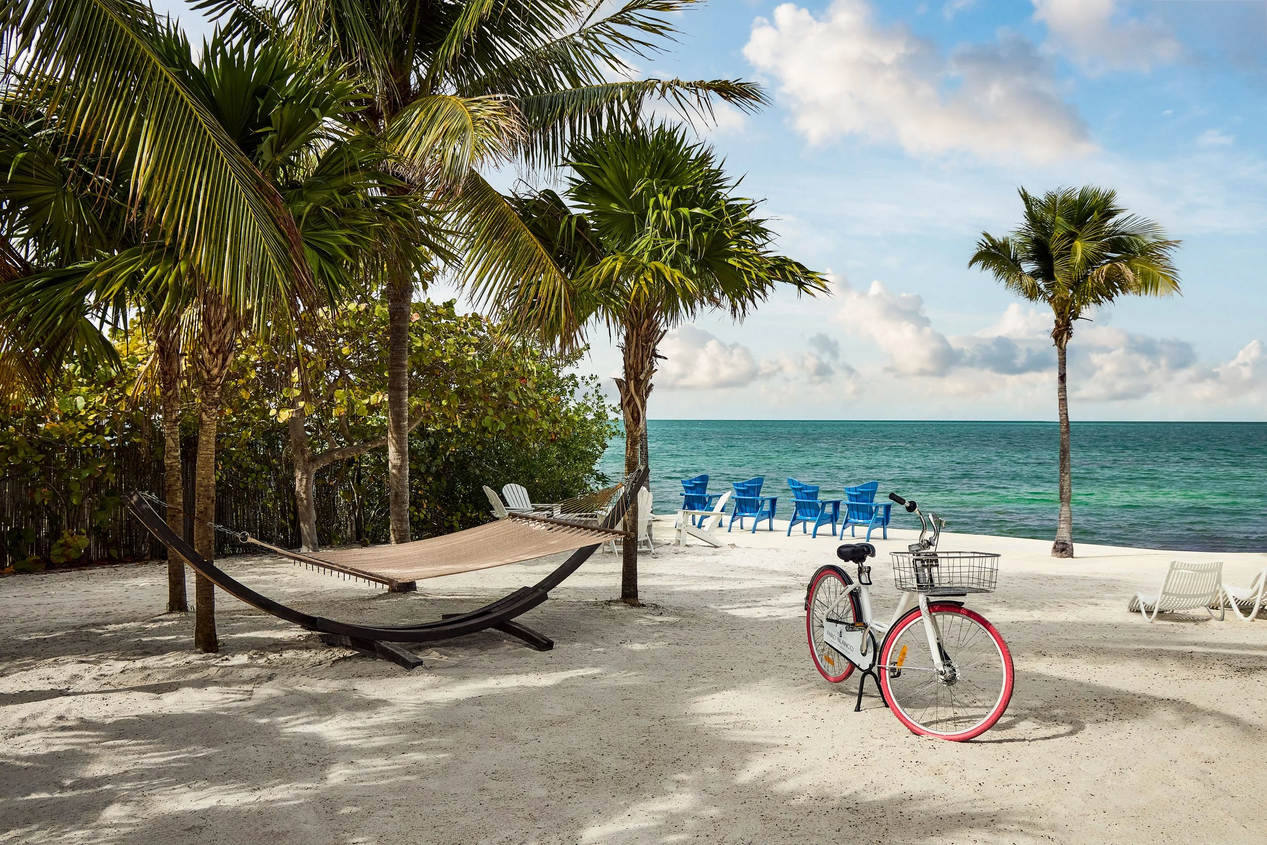 A beach scene with palm trees, a hammock, benches, and bicycles near the water, under a partly cloudy sky.