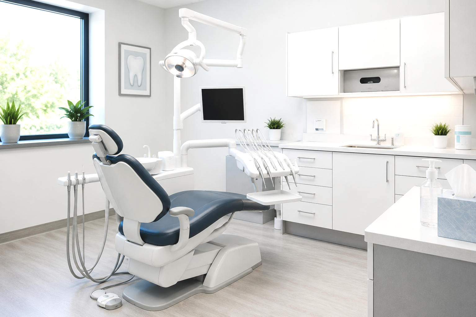 Dental examination room with dental chair, overhead light, monitor, dental tools, and white cabinets in a bright room.