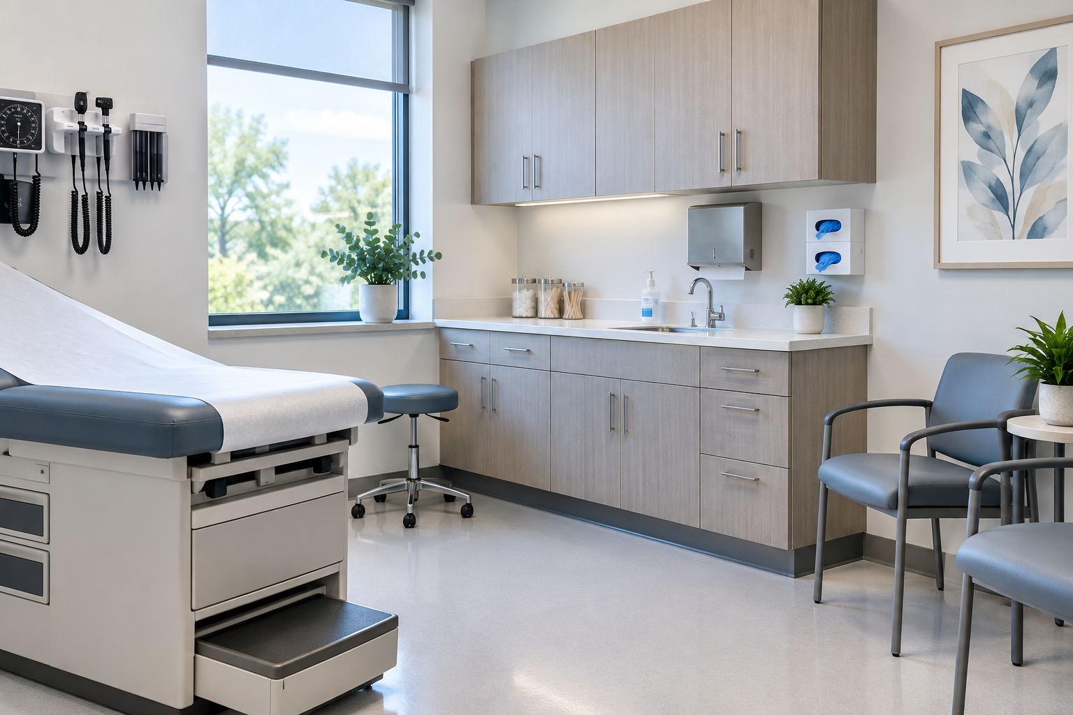 Medical examination room with patient bed, chairs, and medical equipment, bright and clean environment.