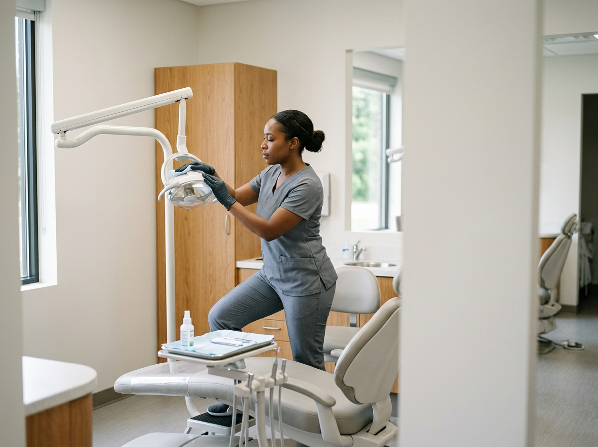 A healthcare professional in scrubs and gloves adjusting dental equipment in a dental clinic.