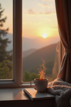A steaming cup of coffee on a book next to a window at sunrise, with mountains and trees in the background.