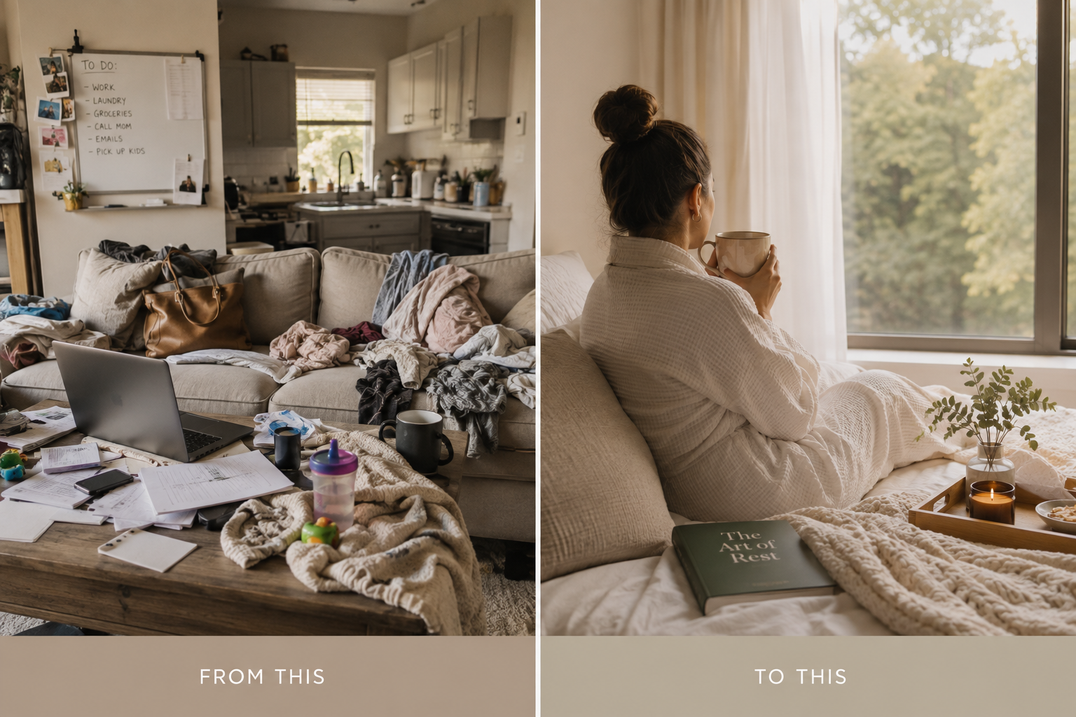 Comparison of a cluttered, messy living room with a woman sitting peacefully on a bed or couch by a window, holding a mug and enjoying a calm, organized space.