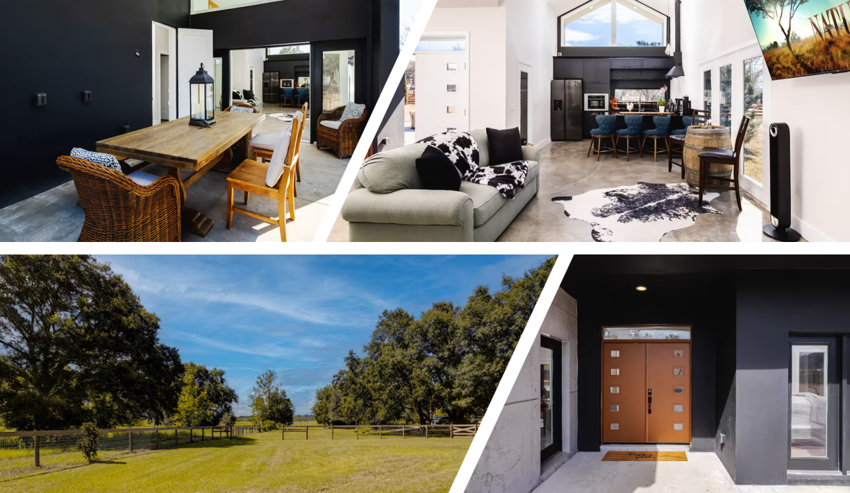 Collage of four interior and exterior photos of a modern home: top left shows a dining area with a wooden table and wicker chairs, top right shows a living room with a sofa and kitchen area, bottom left shows a scenic outdoor landscape with trees and a fence, bottom right shows a modern front door with a small porch.