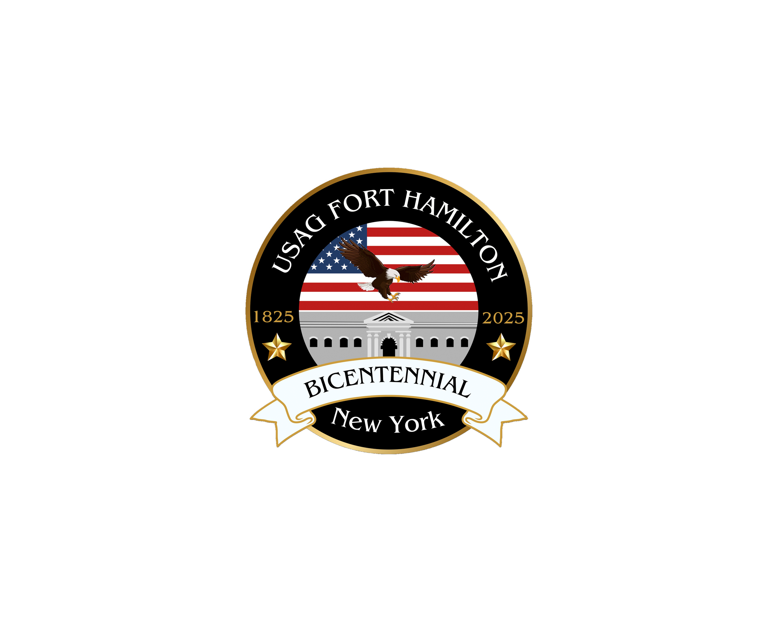 The emblem of the U.S. Sac Fort Hamilton Bicentennial in New York, featuring an American flag, an eagle in flight, stars, and a historical building.