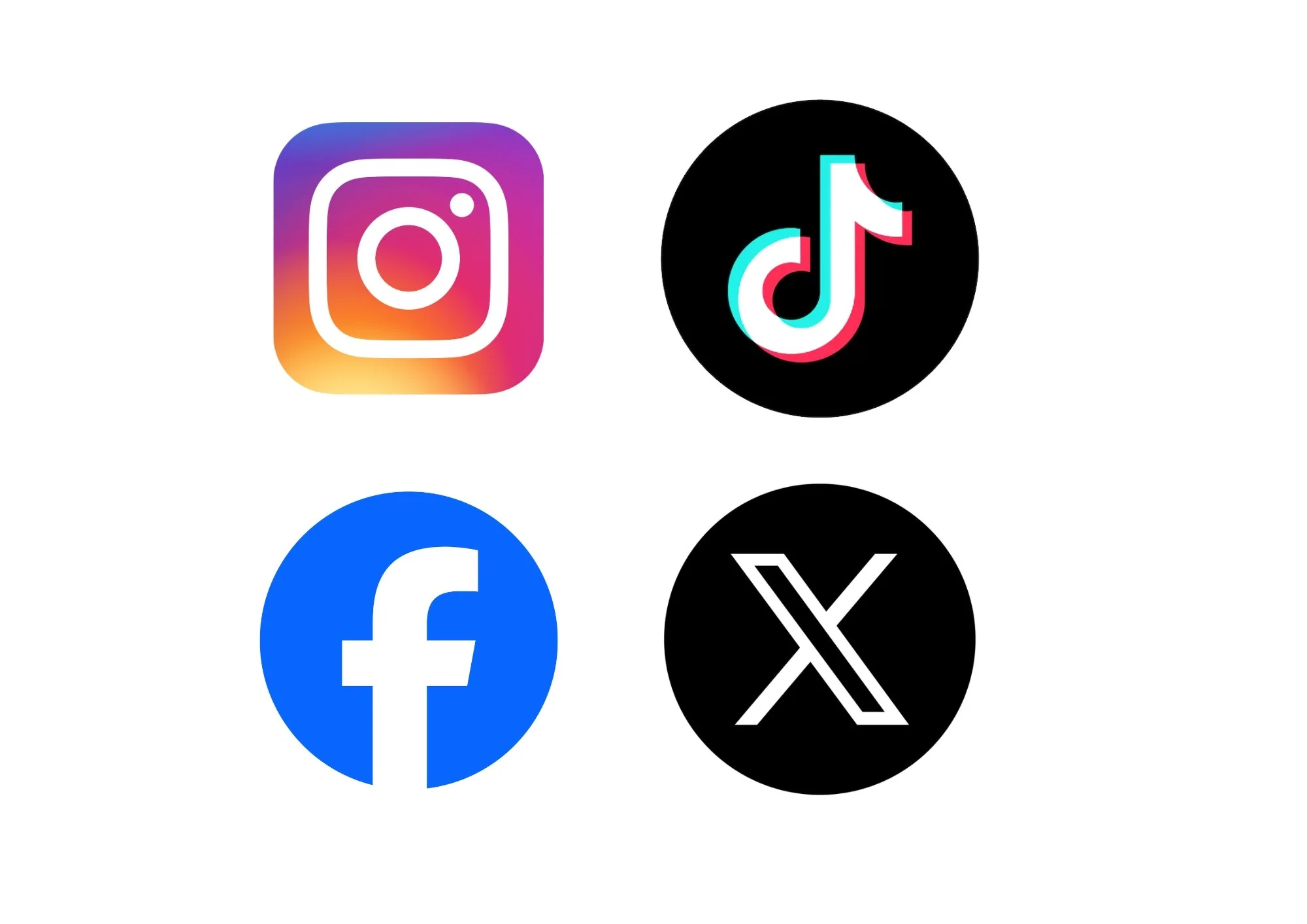 Icons of social media platforms: Instagram, TikTok, Facebook, and X (formerly Twitter).