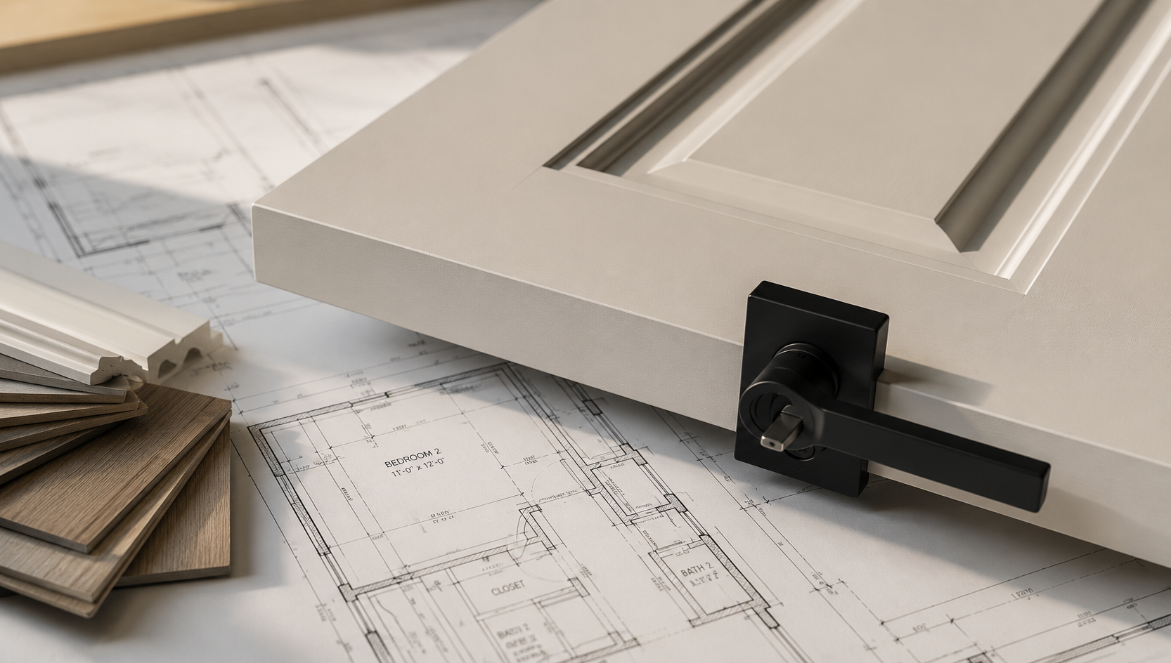 Construction plans with interior door, trim, molding, and hardware selections for a multifamily interior finish project.