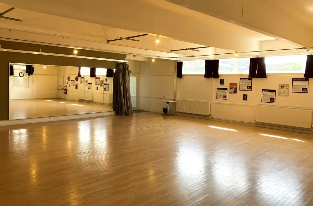 Empty dance studio with wooden floors, large mirrored wall, and informational posters on the side wall. Windows with curtains allow natural light to fill the room.