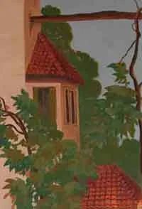 Illustration of houses with red-tiled roofs surrounded by green trees and foliage, with a cloudy sky in the background.