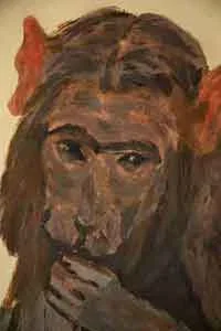 A painted portrait of a woman with long hair, resting her chin on her hand, with a contemplative expression.