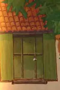 Painting of a green window with a small white bird perched on the middle window bar, surrounded by a green wall and a red-tiled roof ceiling.
