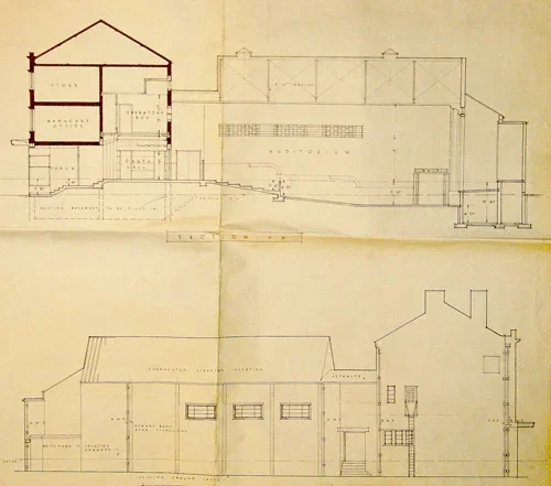 Architectural blueprint of a building showing cross-sectional and front views, including rooms, staircases, and structural details.