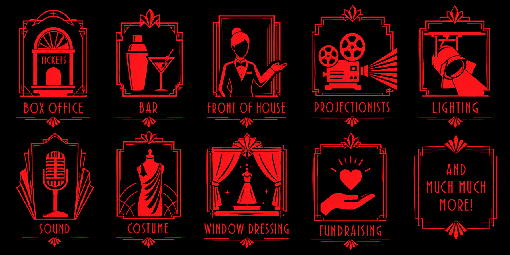 Red neon-style icons representing various theater production roles: box office, bar, front of house, projectionists, lighting, sound, costume, window dressing, fundraising, and a message about additional features.