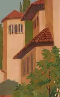 Painting of a Mediterranean-style house with beige walls, red-tiled roof, and green shutters, surrounded by trees and bushes.