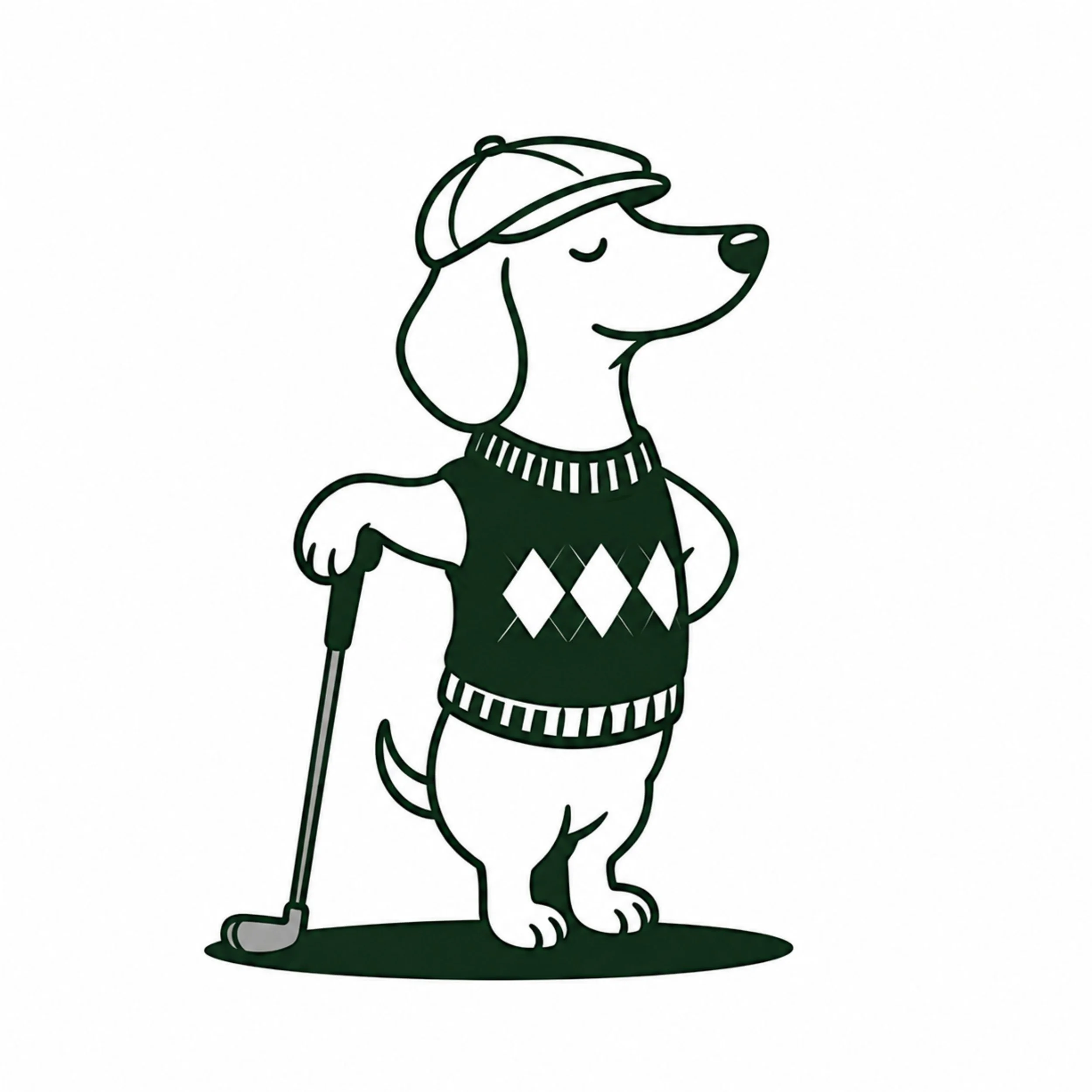 Line drawing of a dog wearing a baseball cap, sweater, and plaid shorts, standing on a patch of grass.