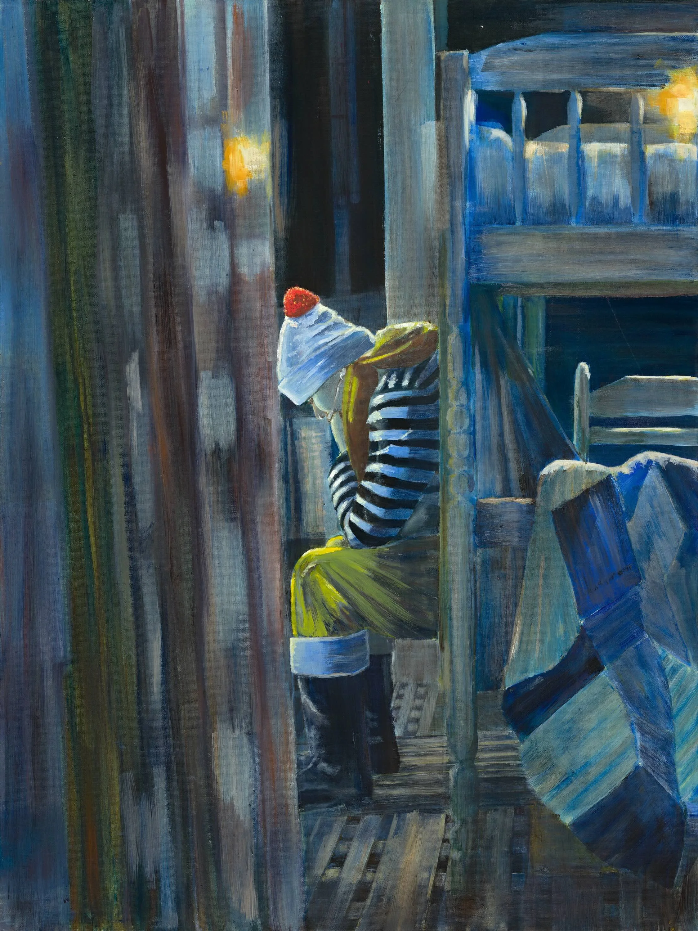 Painting of a performer seated backstage with head bowed, wearing a striped top, yellow trousers and a white hat with a red pompom, surrounded by wooden scenery.