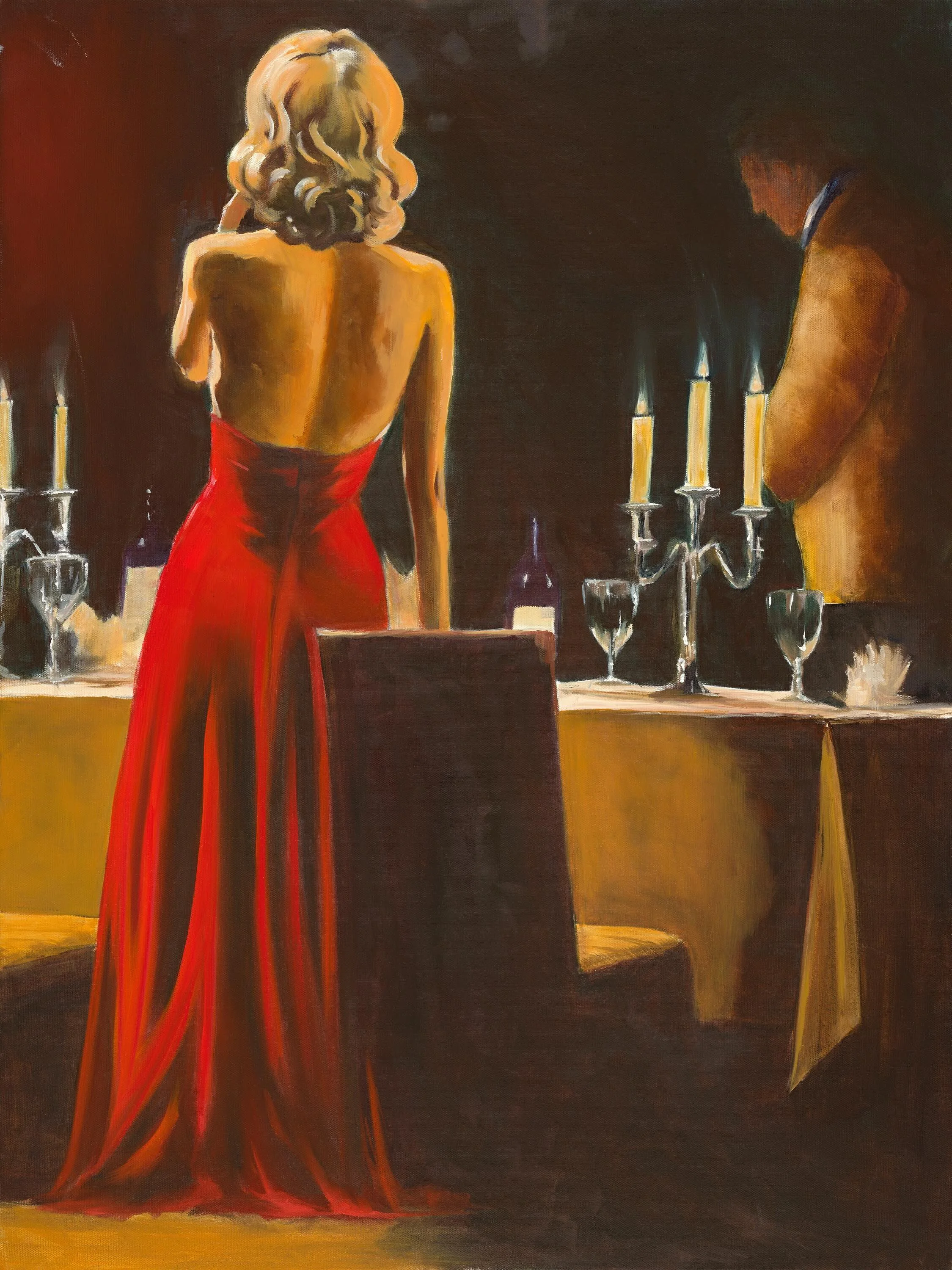 Painting of a woman seen from behind in a red evening dress beside a candlelit dining table.