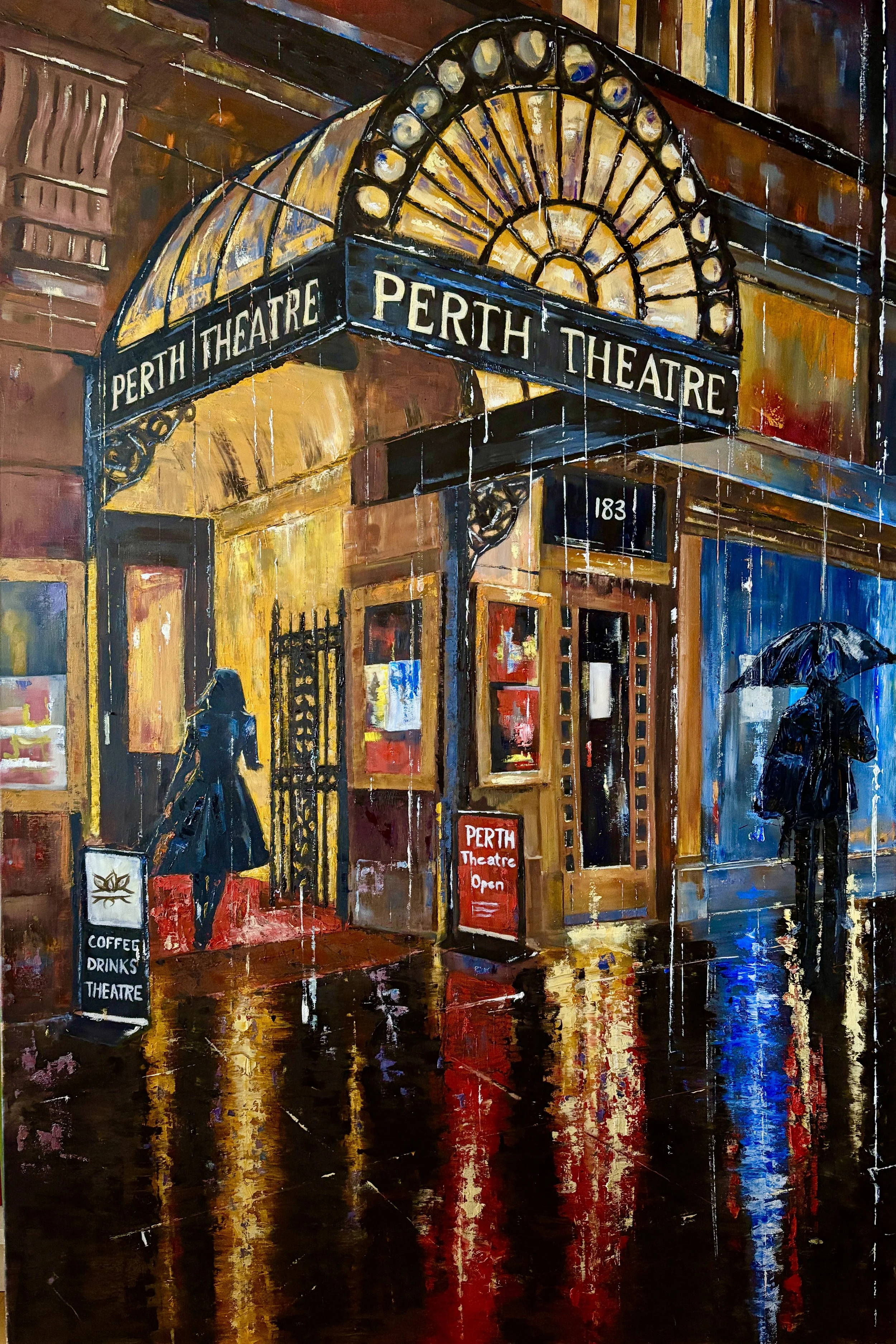 Painting of Perth Theatre in the rain, with its golden canopy reflected on the wet pavement, a woman entering and a figure beneath a black umbrella.