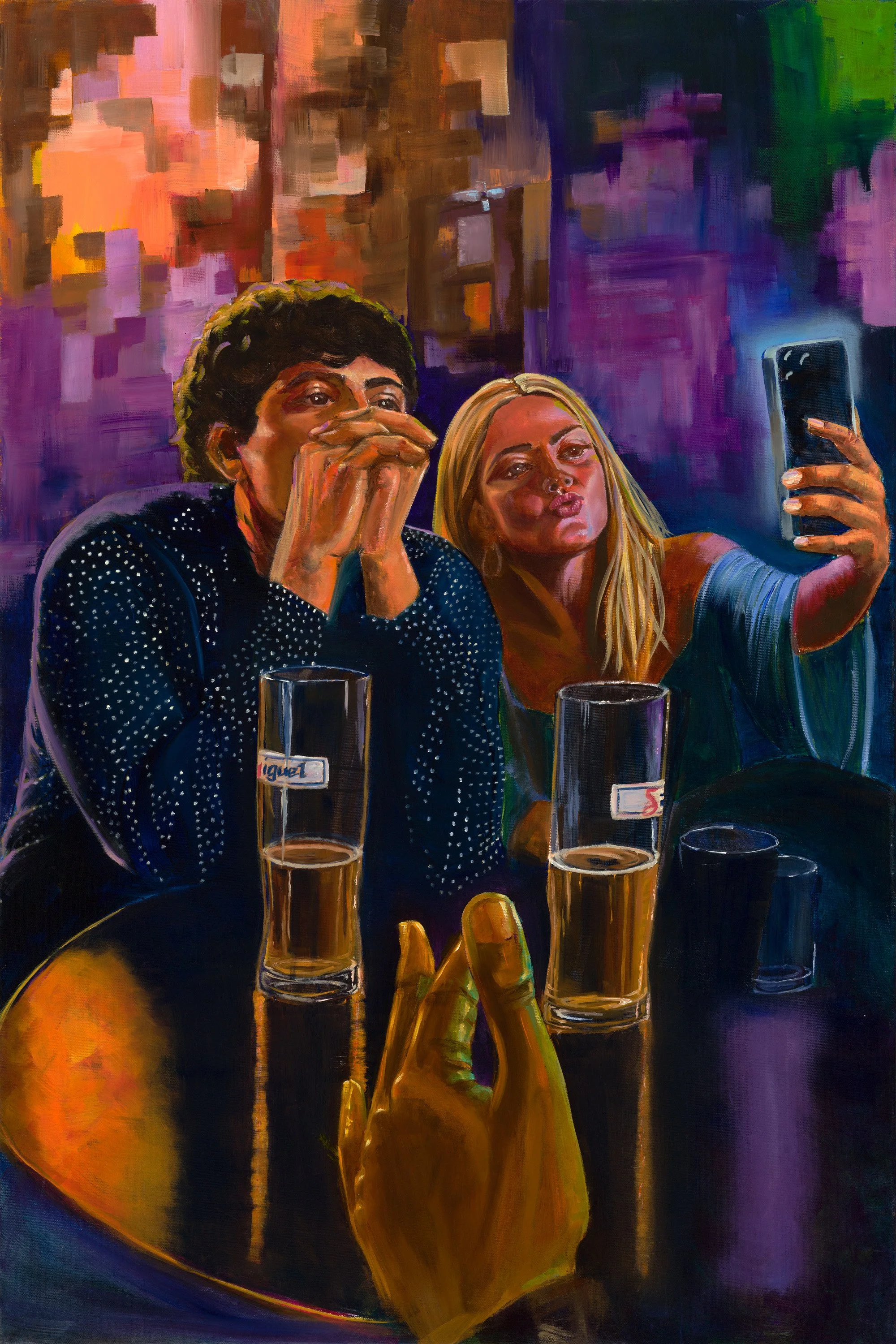 Colourful figurative painting of friends socialising in a bar, with drinks on the table, by Scottish artist Amanda Beveridge